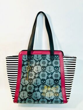 Disney Parks Pirates of the Caribbean Skull Striped Tote Bag, Skeleton Key Charm